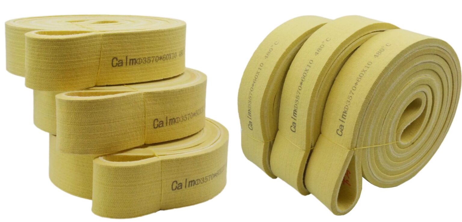 High-temperature belts, tapes, roller covers, and fabrics for hot glass.